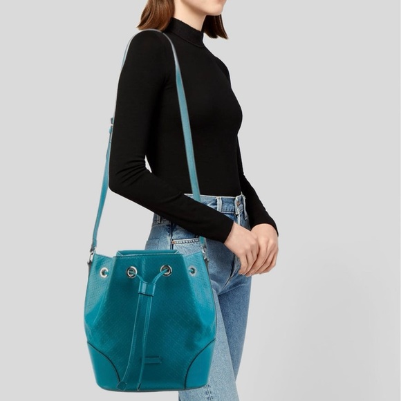*BUY NOW* Item. Gucci Bright Turquoise Diamante Leather Bucket Bag Gold Hardware - Picture 4 of 11